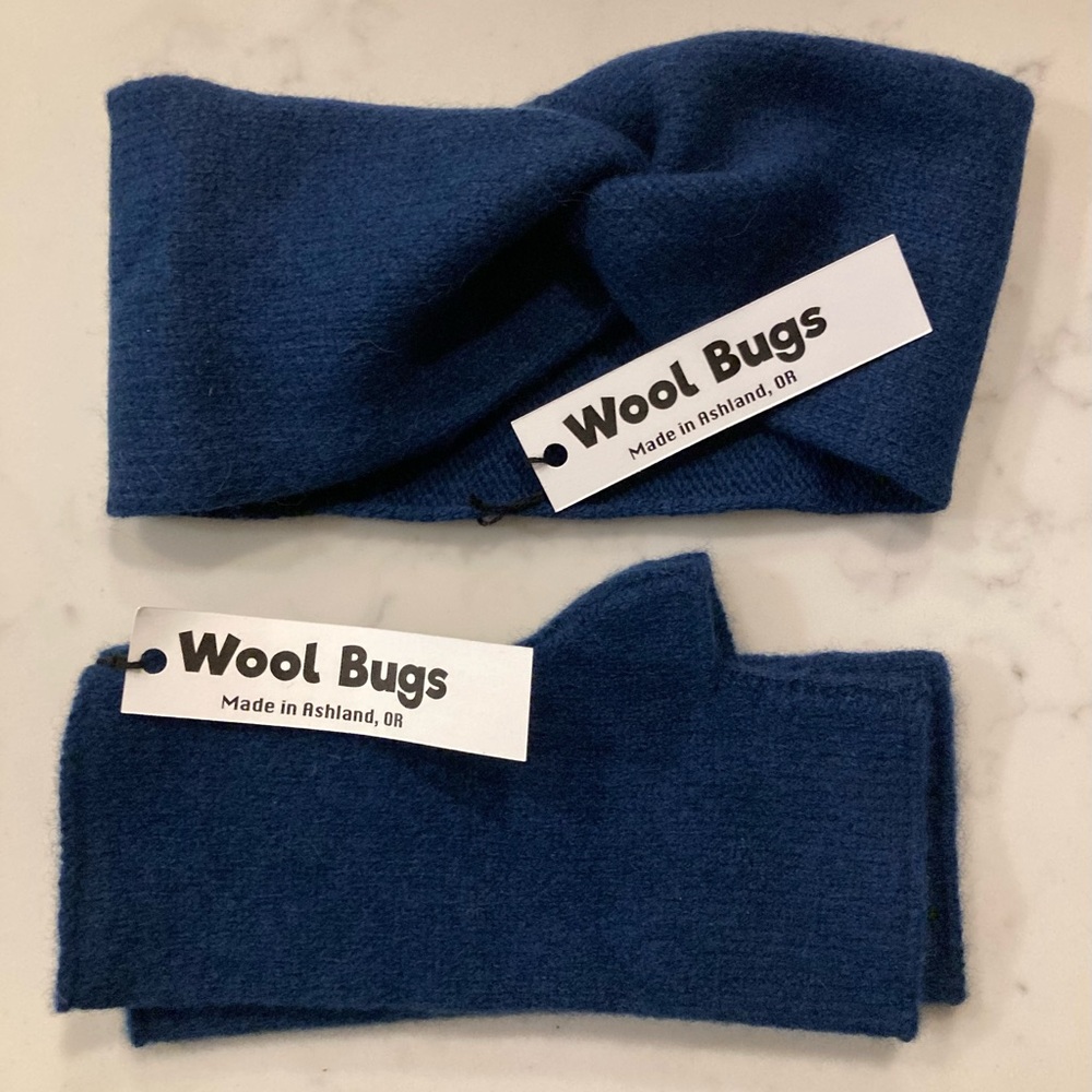 Hand-knit lambswool fingerless gloves + headband